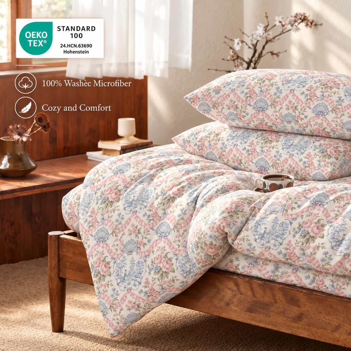 French Country Toile Comforter Queen, Victorian Floral Bedding