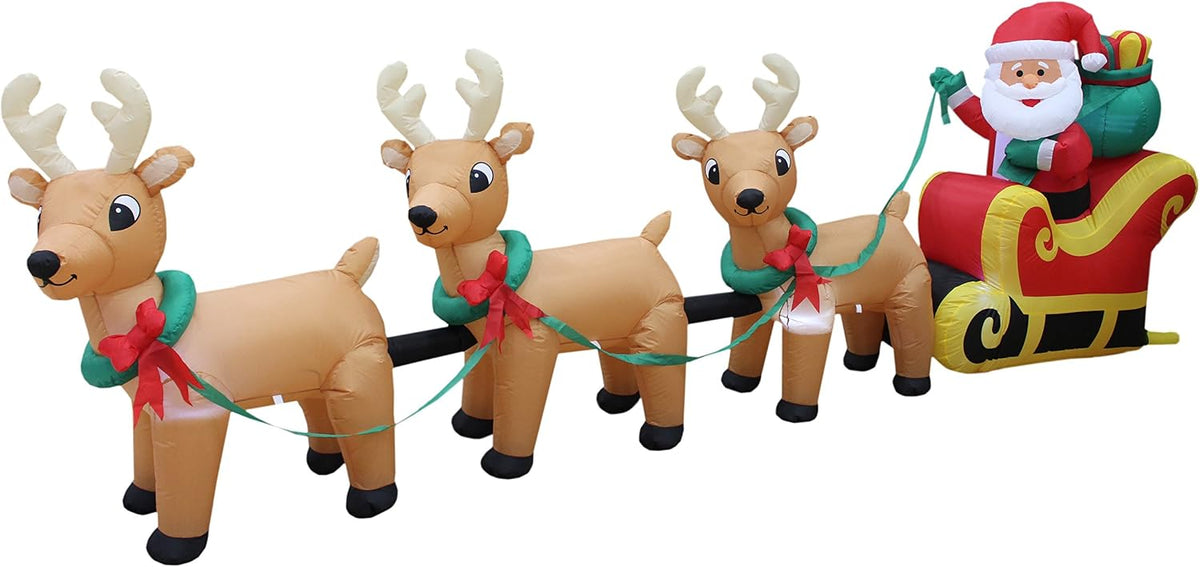 12 FT Long Lighted Christmas Inflatable Santa on Sleigh with 3 Reindeers