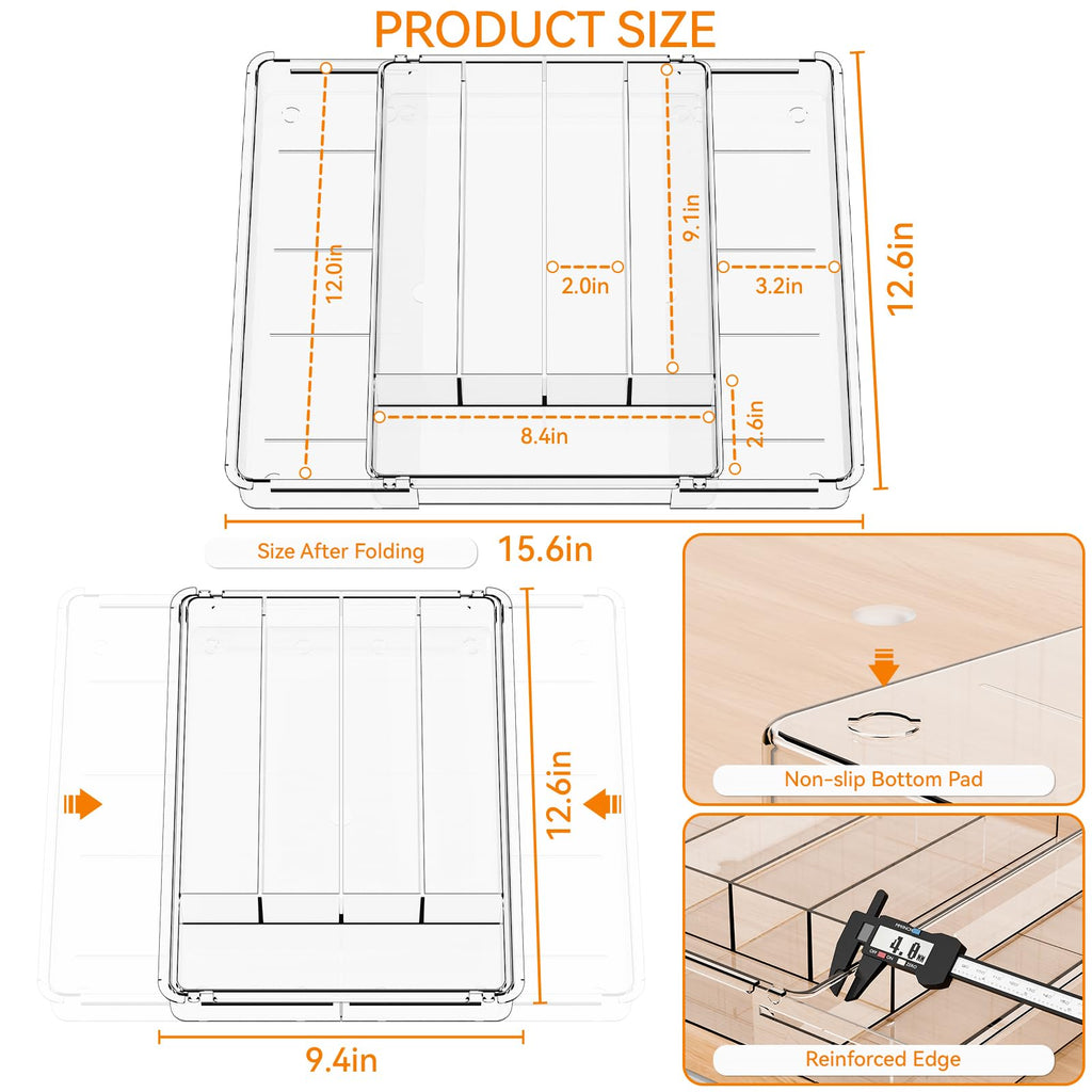 Clear Expandable Silverware Drawer Organizer,9.4-15.6In Adjustable Silverware Tray for Drawer,Acrylic Kitchen Utensil