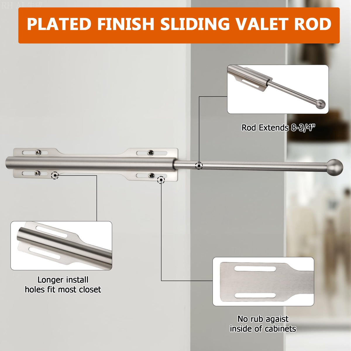 Valet Rod for Closet Pull Out, Rod Laundry Room Bathroom, Nickel
