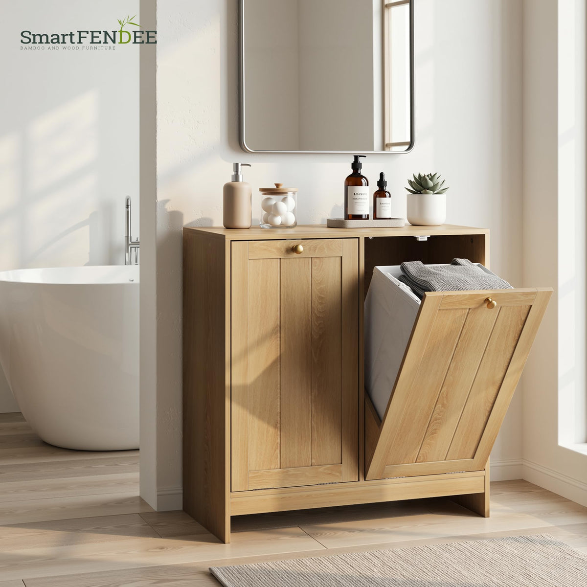 Double Tilt Out Laundry Hamper Cabinet, Small Hidden Trash Cabinets with 2 Baskets , Freestanding Bathroom Storage