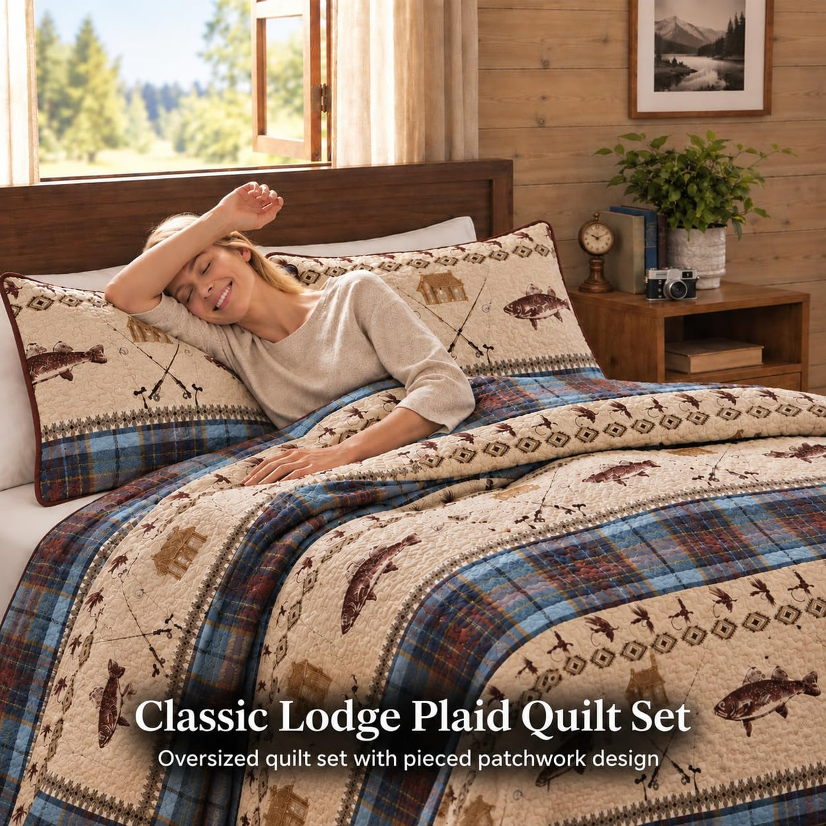 River Fly Fishing Themed Rustic Cabin Lodge Quilt Stitched Bedspread Bedding Set With Fishing Rods Lure With