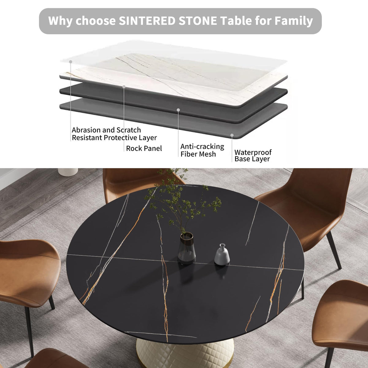 53.15" Round Dining Table, Mid Century Modern Dining Table with PU Base for 6-8 Person, Dining Room Table