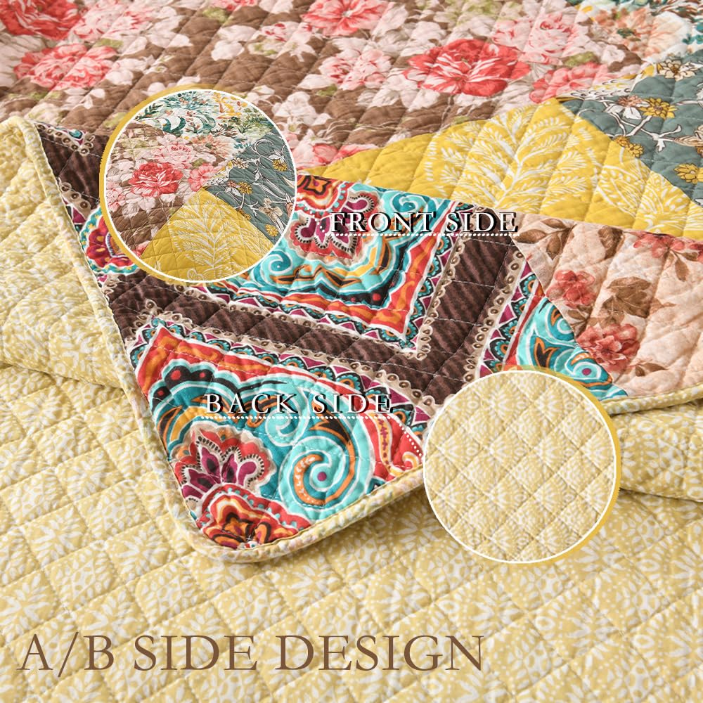 Cotton Quilt, Soft Breathable Bedspread with 2 Shams, Rustic Luxury Paisley Patchwork Quilt, Reversible