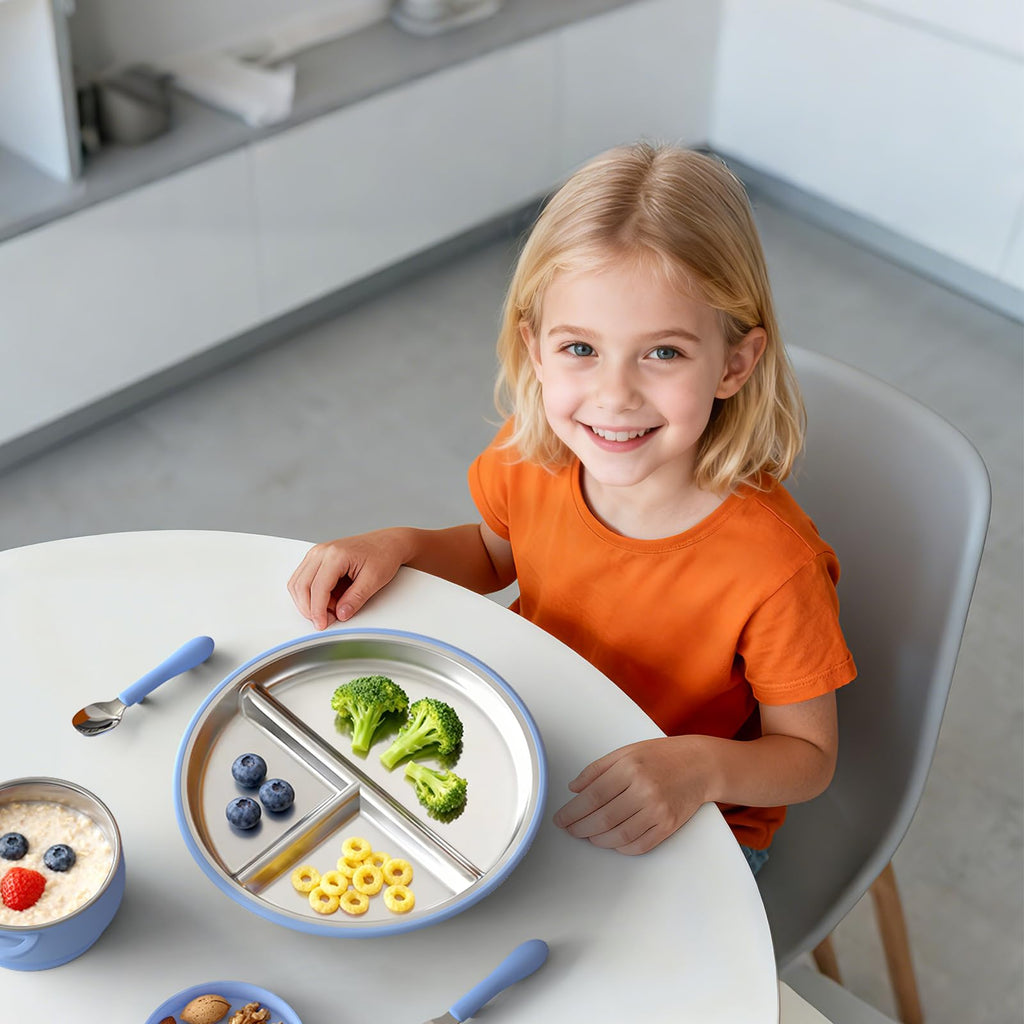 Stainless Steel Toddler Plate with Suction, 9" Divided Plates with Removable Silicone Sleeves for Kids, Non Toxic &