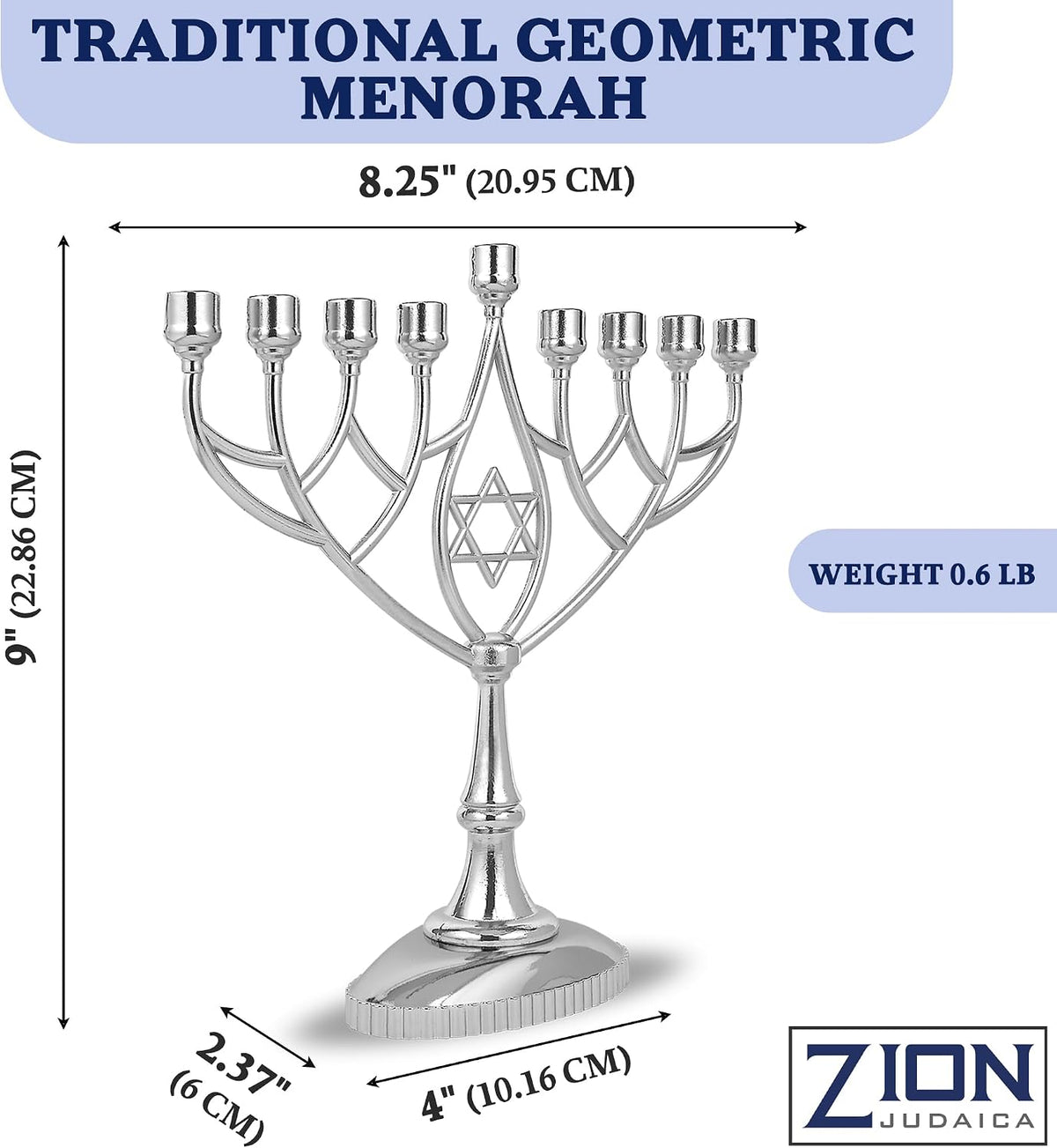 Traditional Classic Geometric Hanukkah 9" Silver Plated Chanukah Candle Minorah Fits Standard Hanukah Candles
