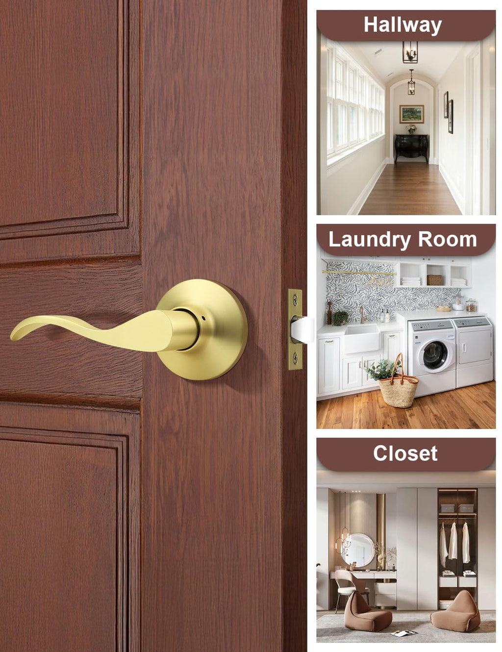 1 Pack Gold Modern Interior Passage Door Handles, Keyless Door Knob & Closet, Wave Style Non-Locking Door Lever