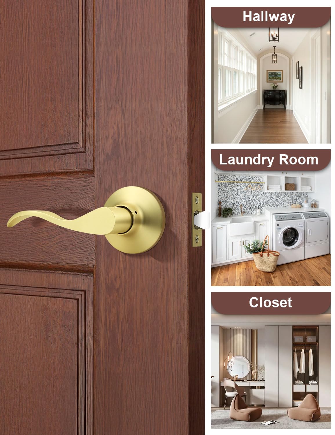 1 Pack Gold Modern Interior Passage Door Handles, Keyless Door Knob & Closet, Wave Style Non-Locking Door Lever