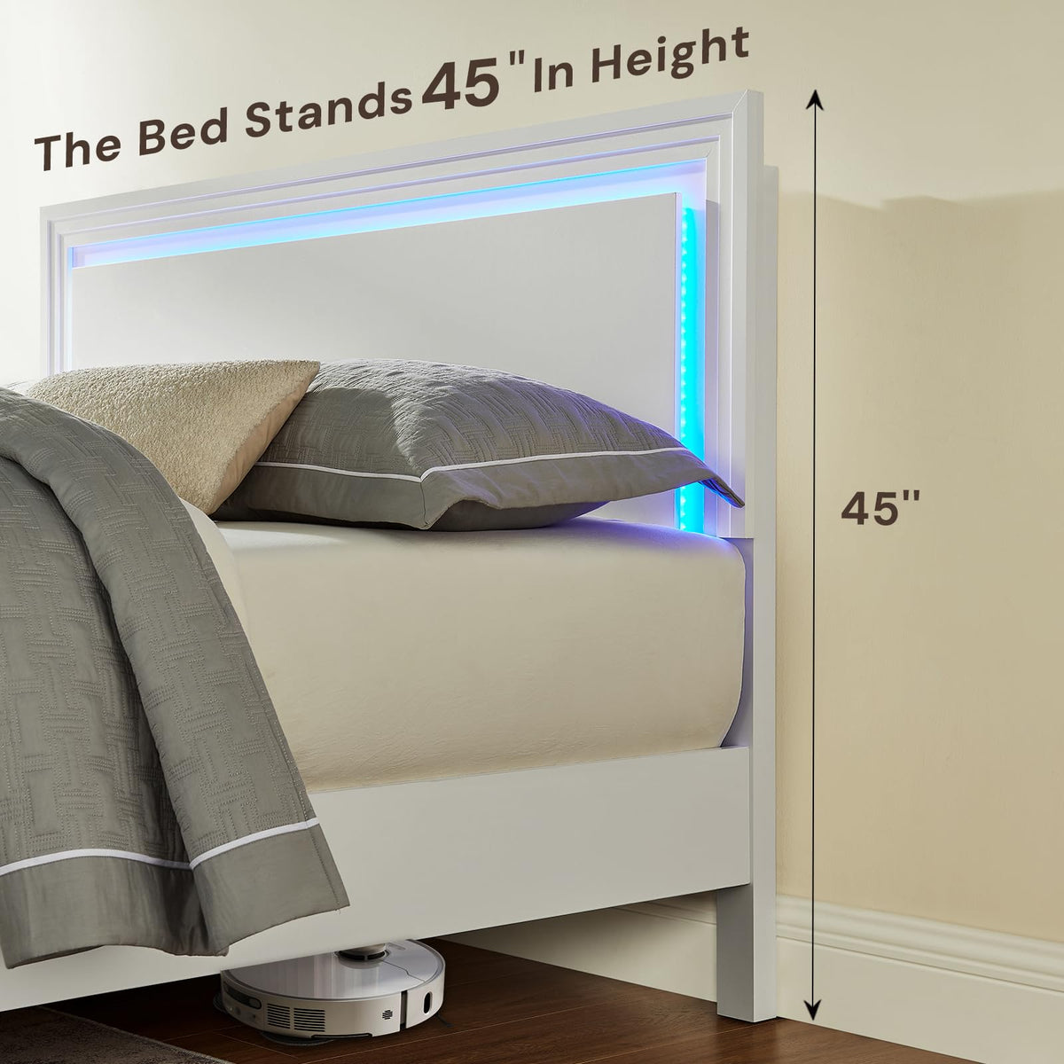 Bed Frame with LED Headboard, White Wood Platform Bed with Picture Frame Panel Headboard and Footboard, Modern