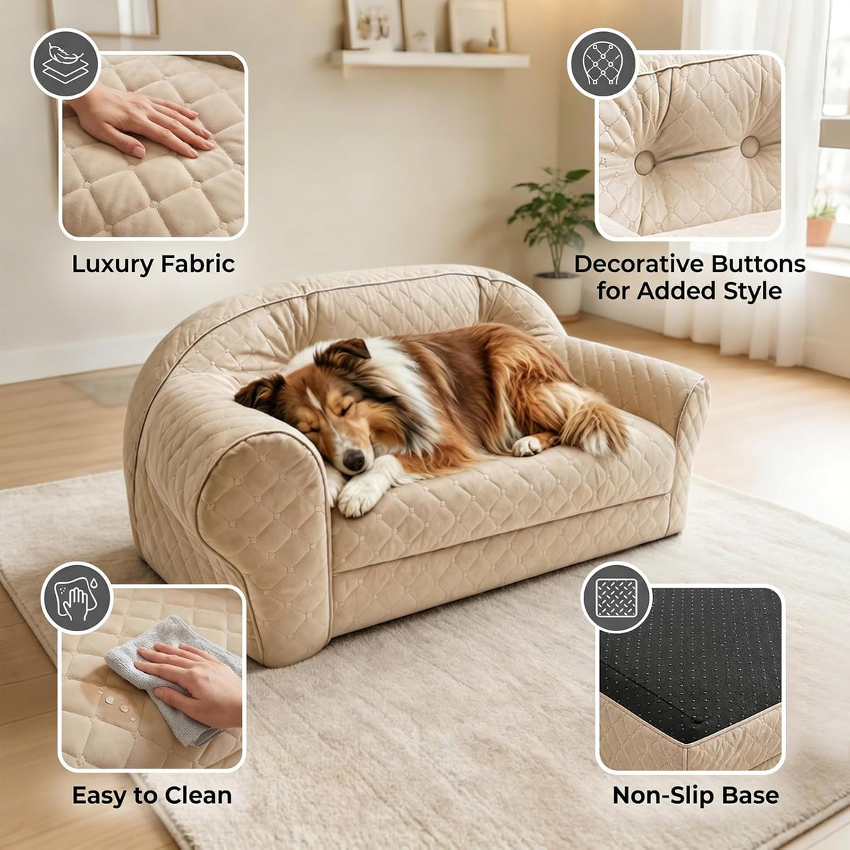 Dog Couch Bed for Small & Medium Dogs, Button Tufted Dog Sofa