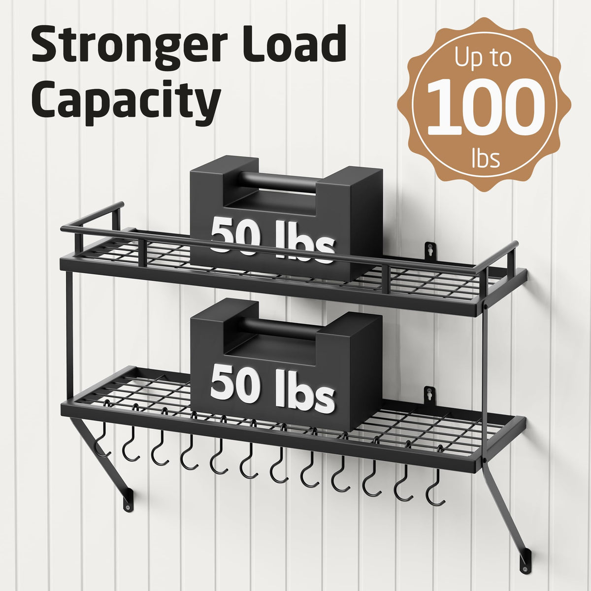 Kitchen Pot Rack - Mounted Hanging Rack Storage and Organization - Matte Black 2-Tier Wall Shelf with Guard