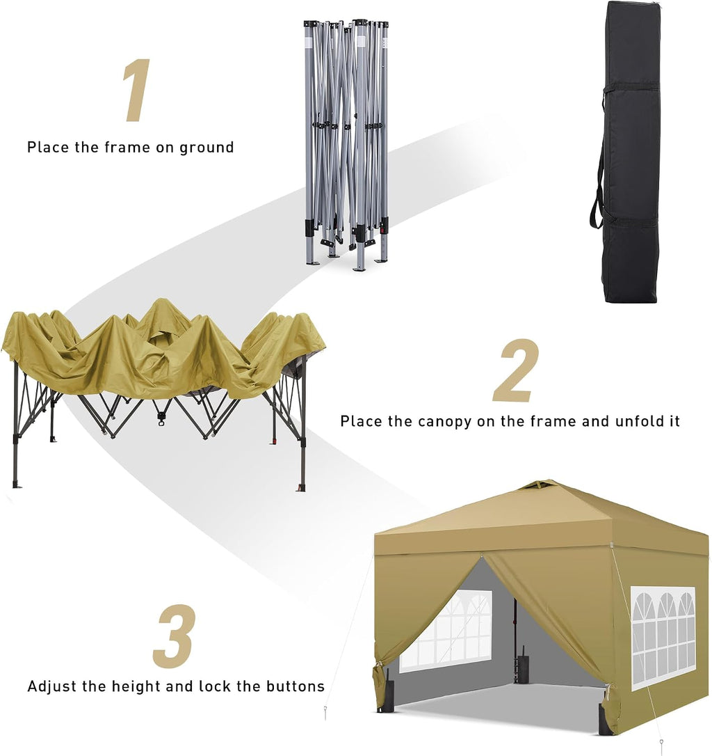 10'x10' Pop Up Canopy Tent, Portable Gazebo, Easy Up Outdoor Canopy for Events, Parties, Camping, Brown.