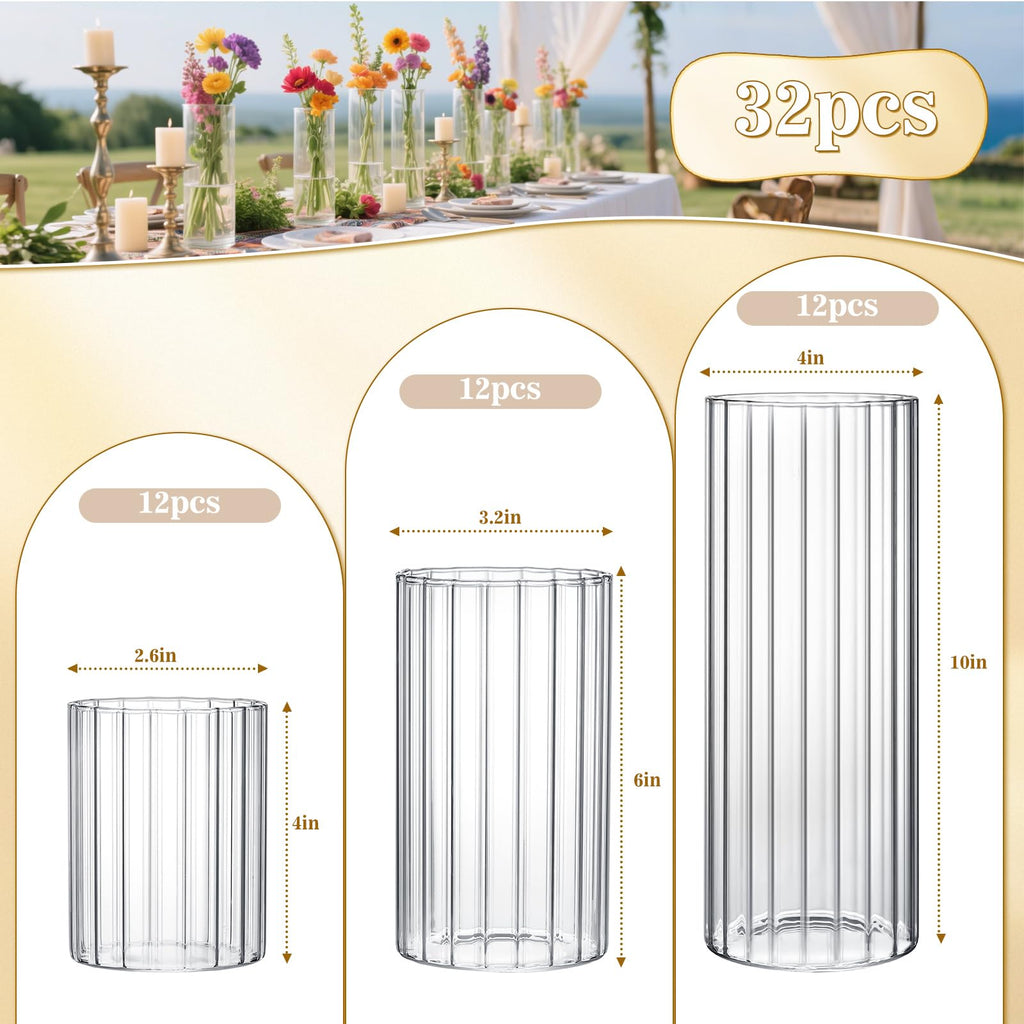 6 Pack Ribbed Glass Cylinder Vases 4, 6, 10 Inch Tall Clear Flower Vase Hurricane Floating Candle Holder for Table