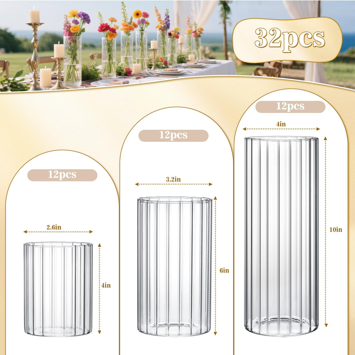 6 Pack Ribbed Glass Cylinder Vases 4, 6, 10 Inch Tall Clear Flower Vase Hurricane Floating Candle Holder for Table