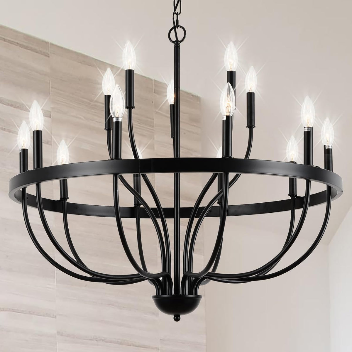 Fifteen-Light Black Industrial Iron Candle Chandelier for Large Rooms