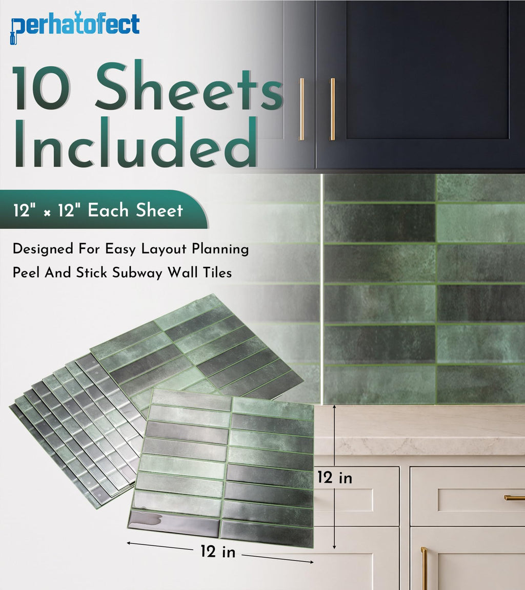 10 Sheets Vintage Green Peel and Stick Subway Wall Tiles, 12 x 12 in