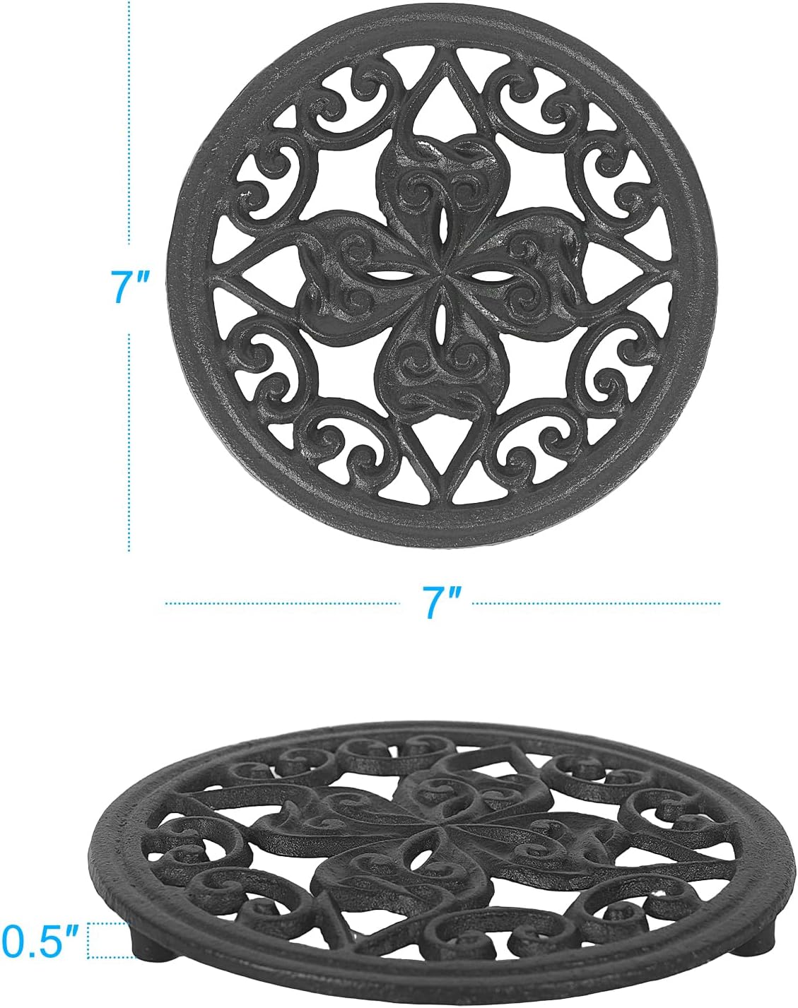 7 Inch Cast Iron Trivet, Round Heavy Duty Hot Pot Holder with Vintage Floral Design, Heat Resistant Mat