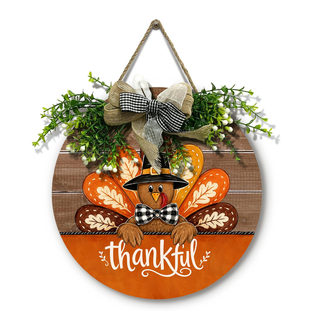 Thanksgiving Thankful Turkey Door Sign for Front Porch Farmhouse Round Wood Hanging Sign with Wreath and Bow Greenery