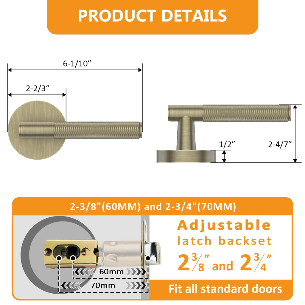 3 Pack Brushed Antique Brass Passage Interior Door Handles