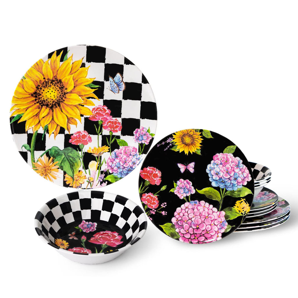 Sunflower 12-Piece Melamine Dinnerware Set, Dishwasher Safe