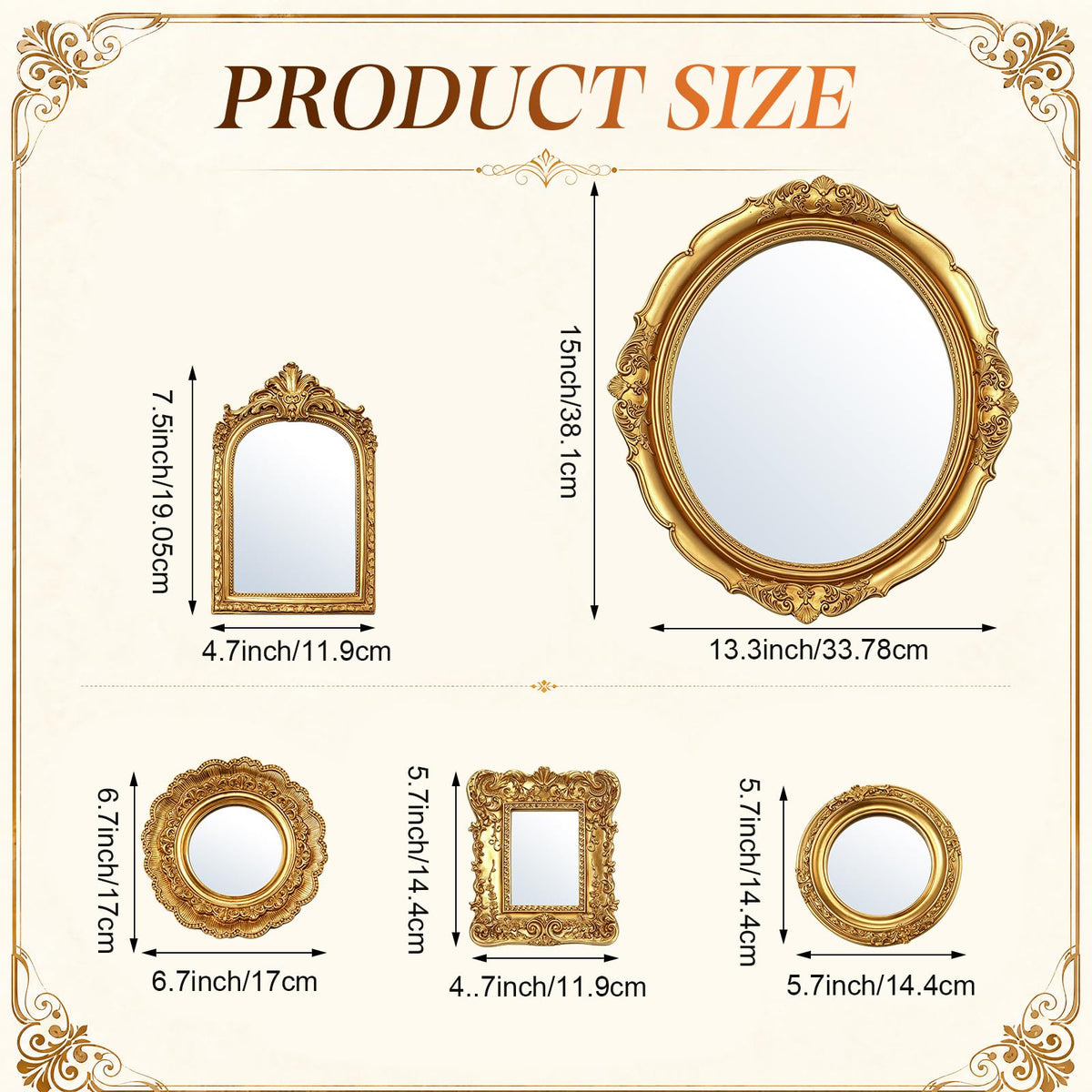 5 Pcs Vintage Gold Wall Mirror Set, 15in/7in/6in/4in, Vintage Style