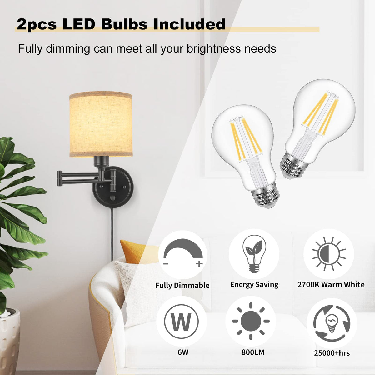 Dimmable Plug in Wall Sconces, Swing Arm Wall Lamp, Wall Sconces Set of Two, Plug in Wall Light, Sconces Wall Decor