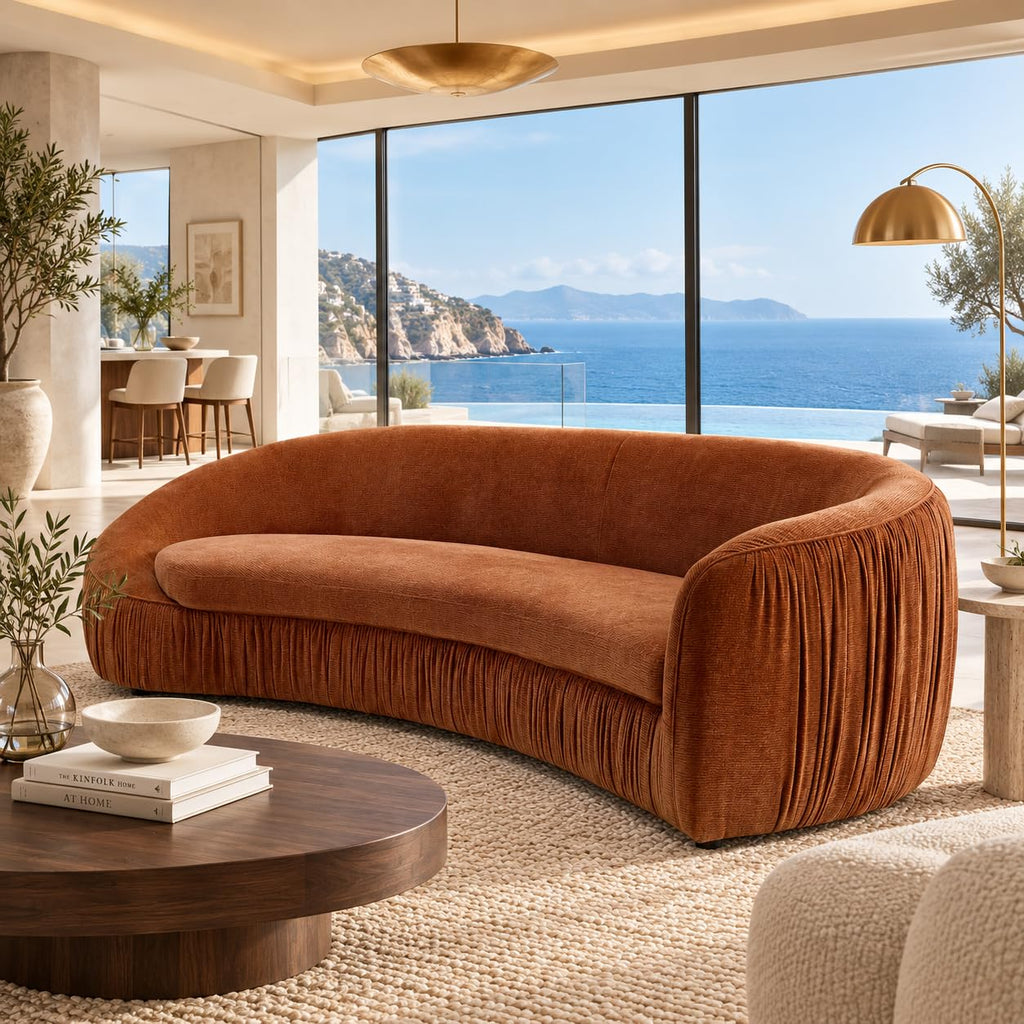92.13 Inch Curved, Rust Orange Chenille 4 Seater Couch With Deep Seat