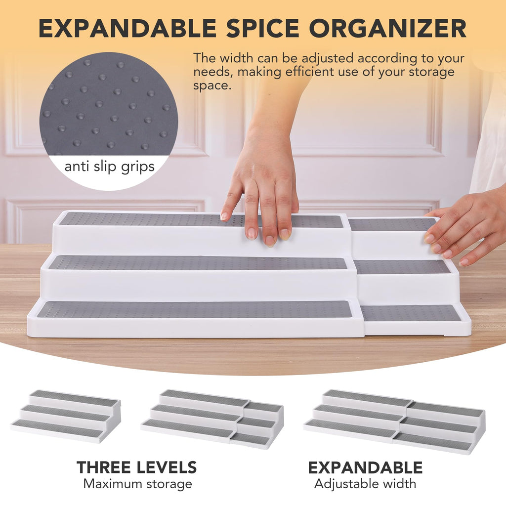 3 Tier Expandable Spice Rack Organizer, White/Grey Plastic Spice Rack, Adjustable Length 14.6In-25.8In, 2 Pack