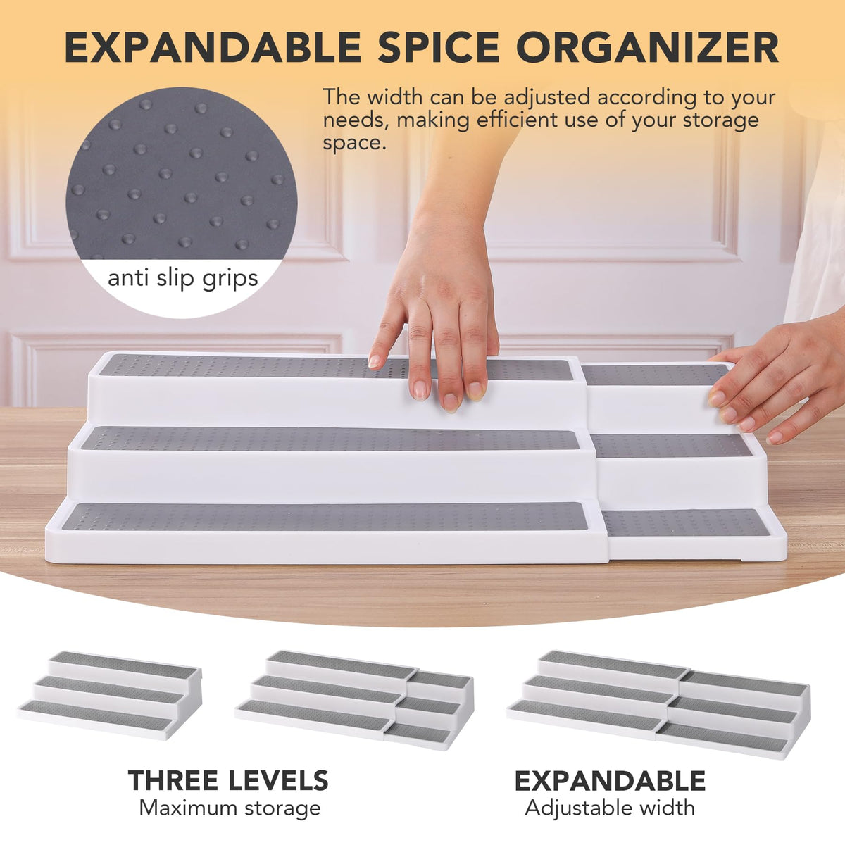 3 Tier Expandable Spice Rack Organizer, White/Grey Plastic Spice Rack, Adjustable Length 14.6In-25.8In, 2 Pack