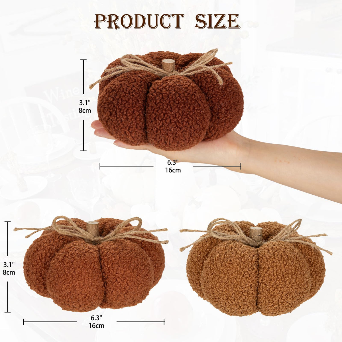 6" Fall Pumpkin Decorations, Mix Brown Artificial Fabric Pumpkins