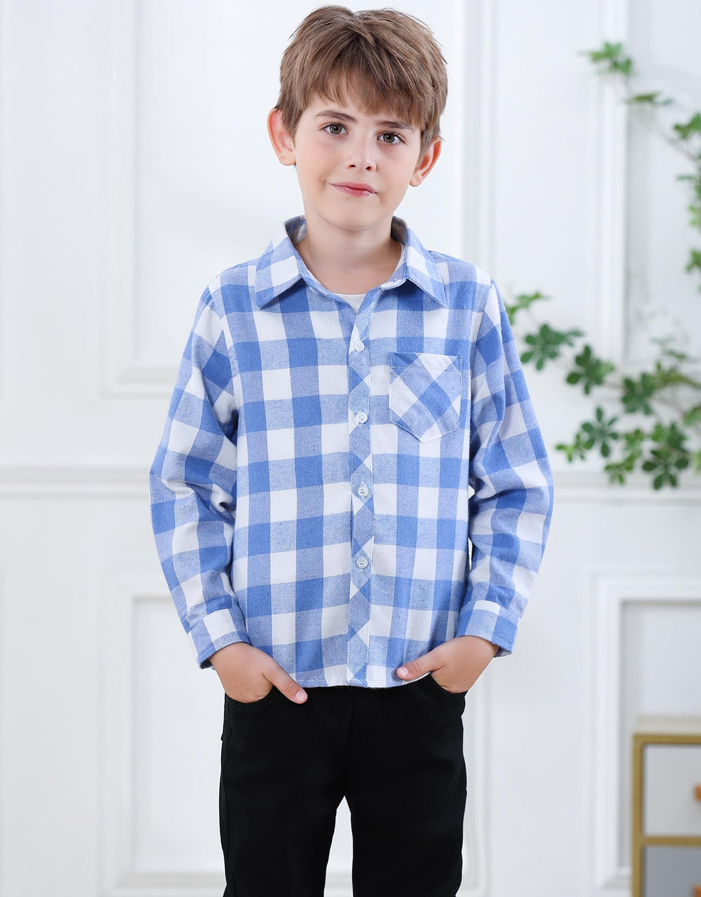 Boys & Toddler Plaid Button Down Shirt Long Sleeve Flannel Shirt Tops, Flannel# Dark Blue White, = Tag 170