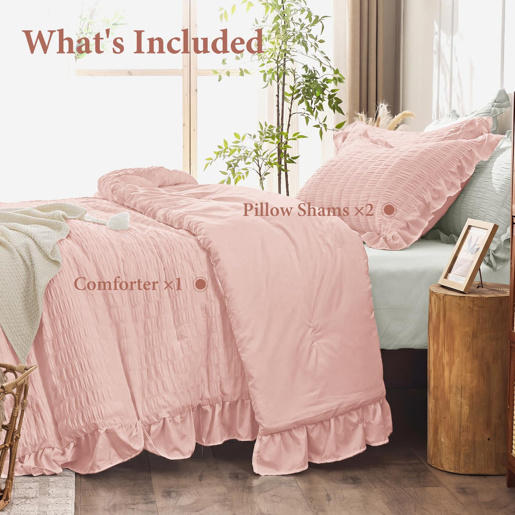 Comforter Set, 3 Pieces Rose Gold Seersucker Comforters, Lightweight & Fluffy Bedding Sets