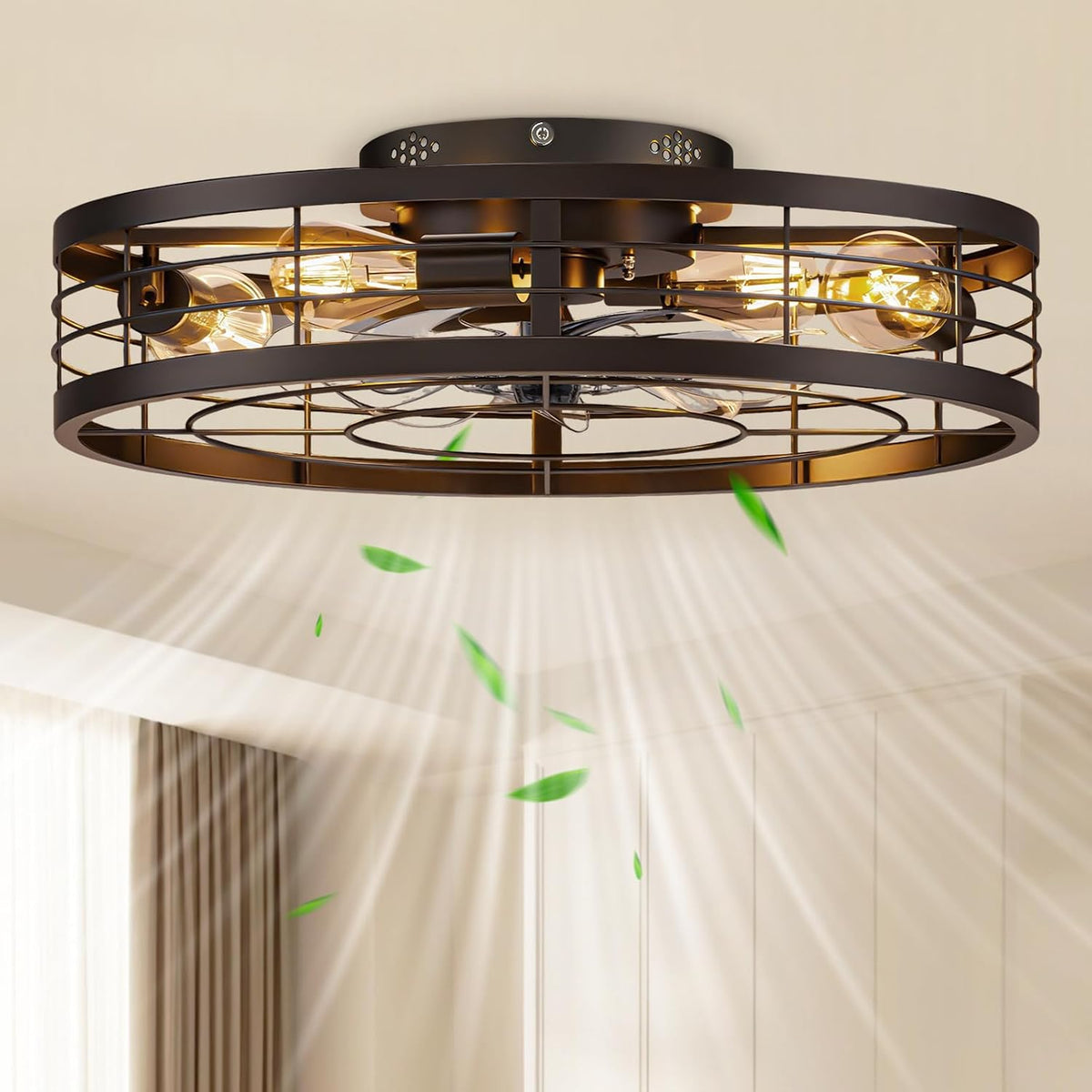 23.6" Flush Mount Caged Chandelier Ceiling Fan with Light & Remote