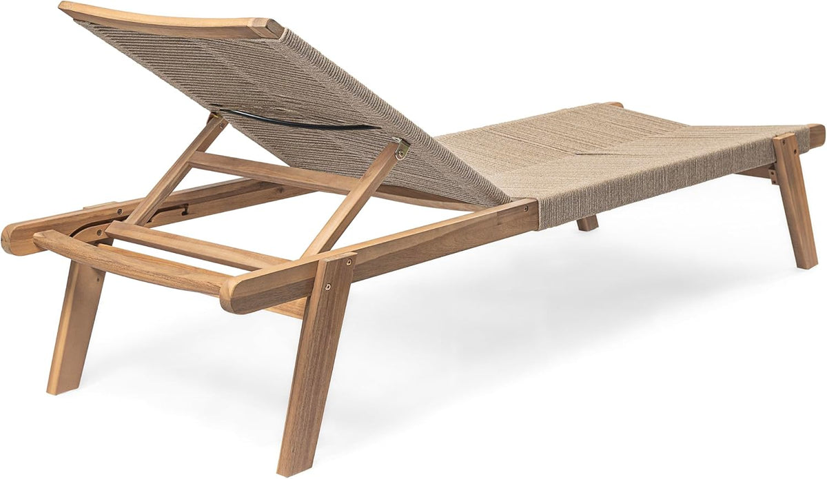Set of 4 Outdoor Patio Wood Adjustable Chaise Lounges with Rope Seating, Rope Chaise Lounge with Acacia Wood