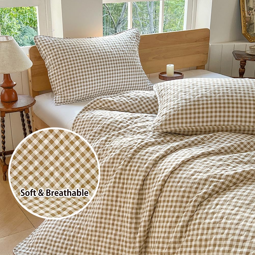 Tan Gingham Summer Bedspread Quilt Set