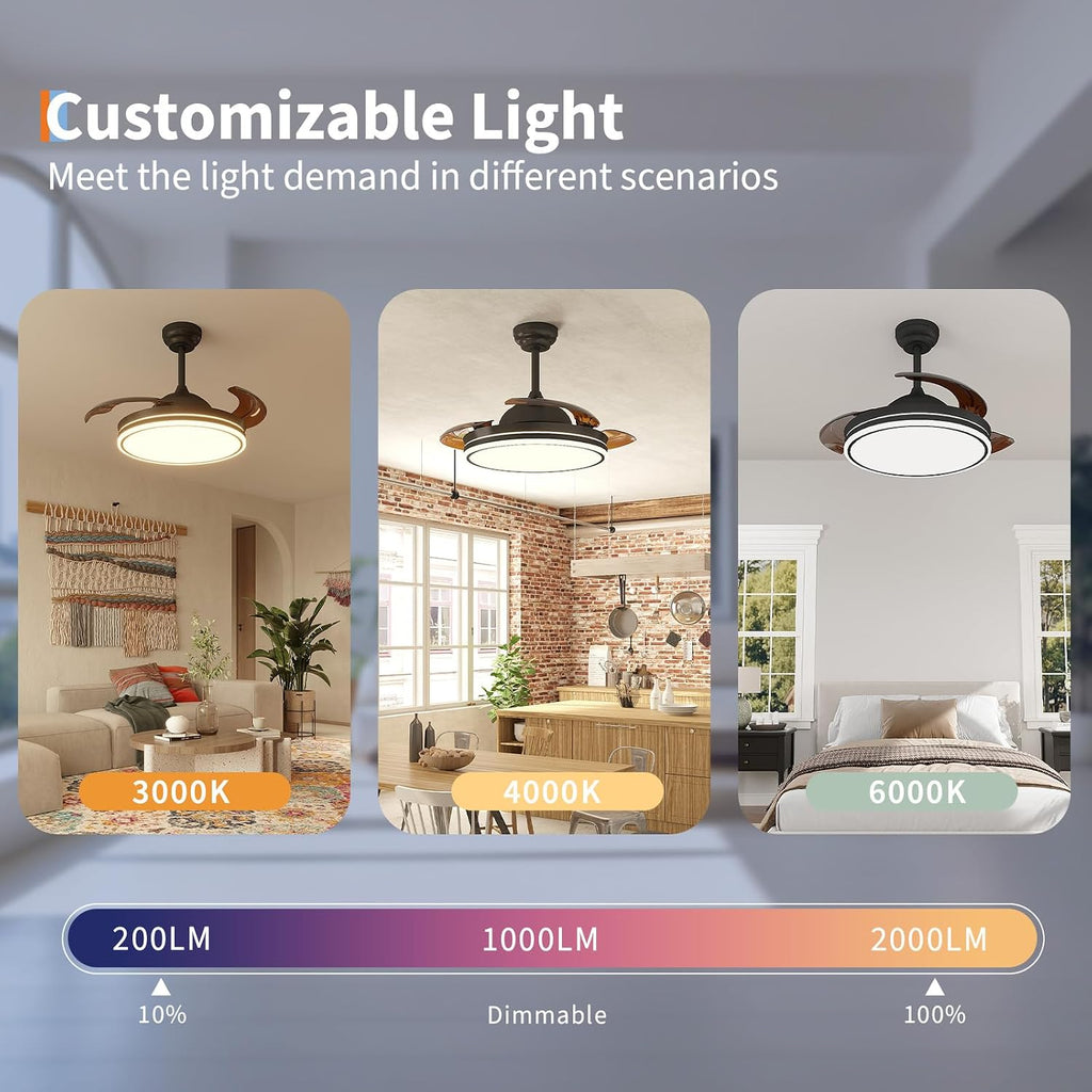 42in Retractable Ceiling Fan with Light Invisible Blades Remote