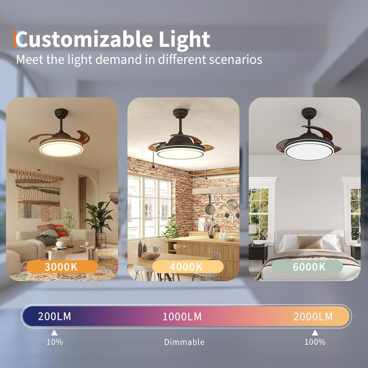 42in Retractable Ceiling Fan with Light Invisible Blades Remote