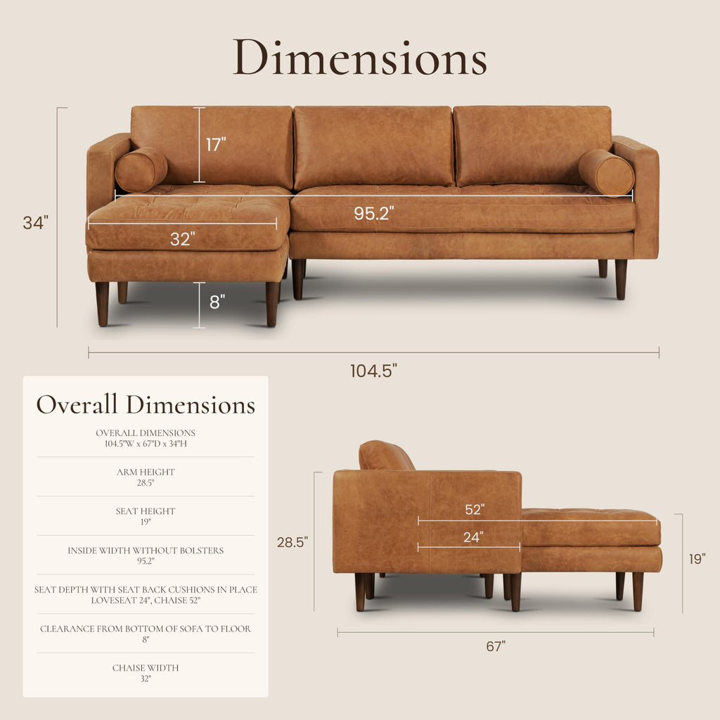 Napa 104.5" Left-Facing Sectional Sofa - Cognac Tan Full-Grain Pure-Aniline Italian Leather, Feather-Down Cushions