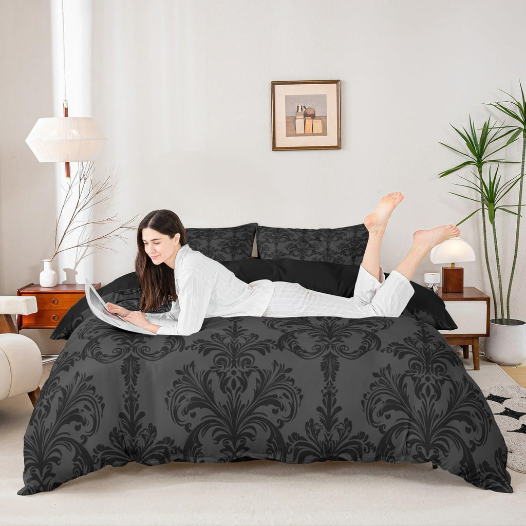 Grey Black Damask Duvet Cover Set, Gothic Vintage Damask Floral Bedding Set 3pcs, Antique Victorian
