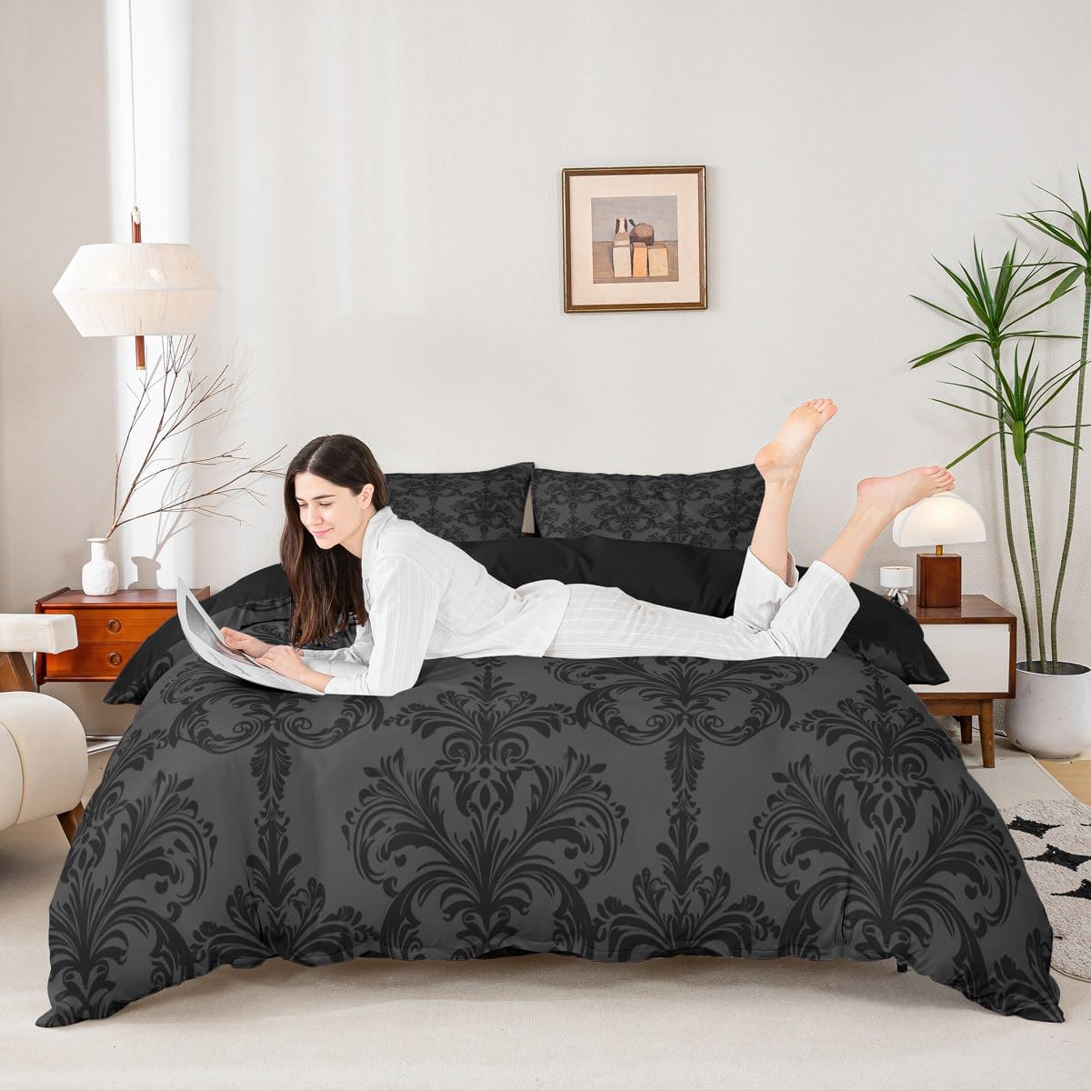 Grey Black Damask Duvet Cover Set, Gothic Vintage Damask Floral Bedding Set 3pcs, Antique Victorian