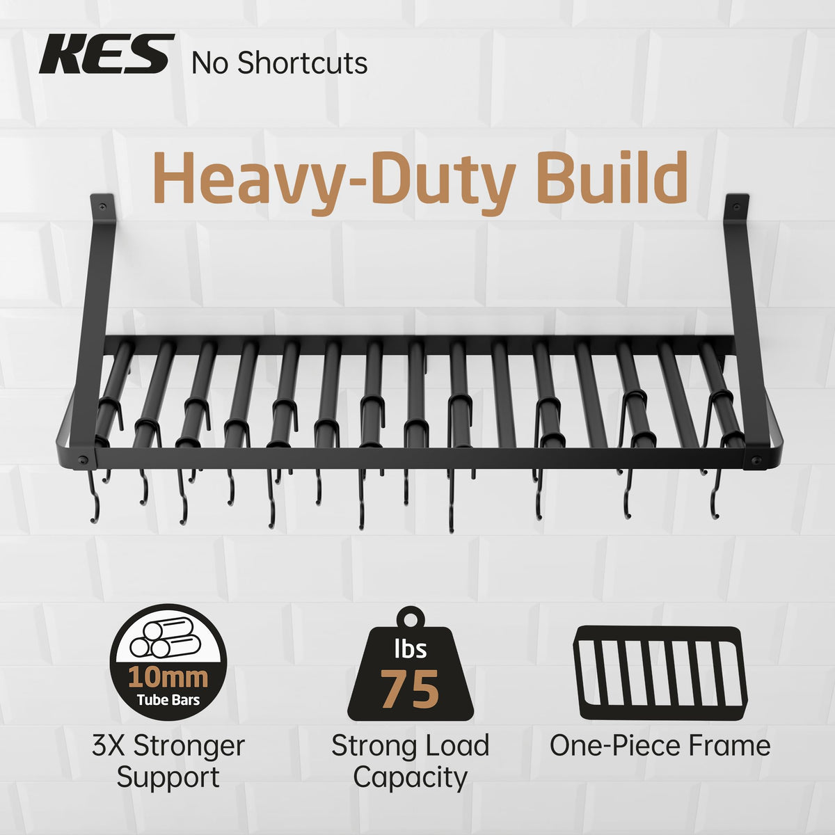 75 lb High-Capacity Pot Rack Wall Mounted with Pot Lid Holder 34 Inch