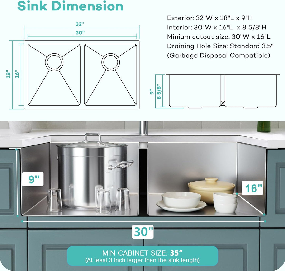 32 Inch Stainless Steel Double Sink,50/50 Undermount Double Sink | 16-Gauge T304 Double Bowl Kitchen Sink 32''x18'',9