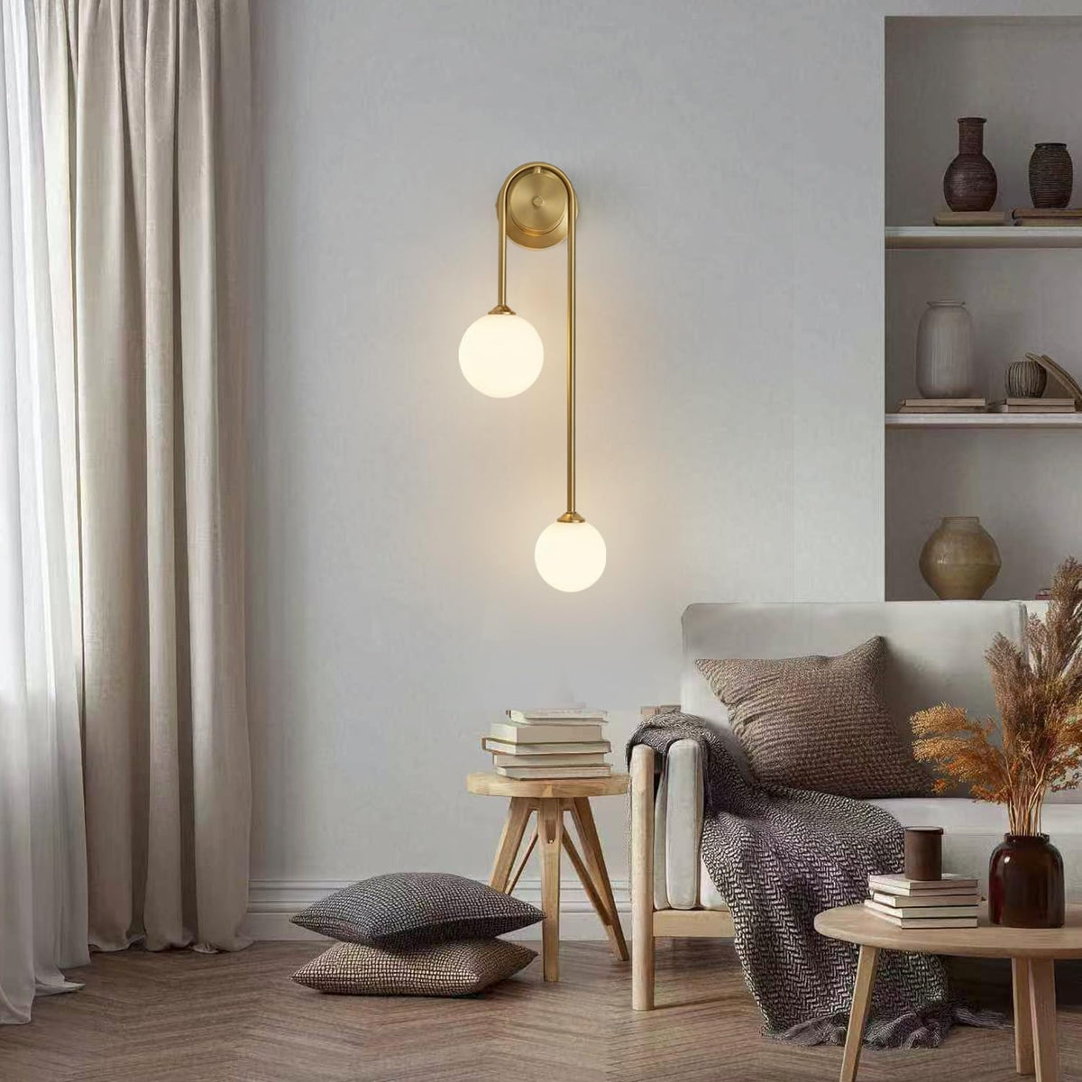 Golden Wall lamp Double Ball, mid-Century Modern Glass Wall sconces,with G9 Tricolor Bulb for Living Room Bedroom