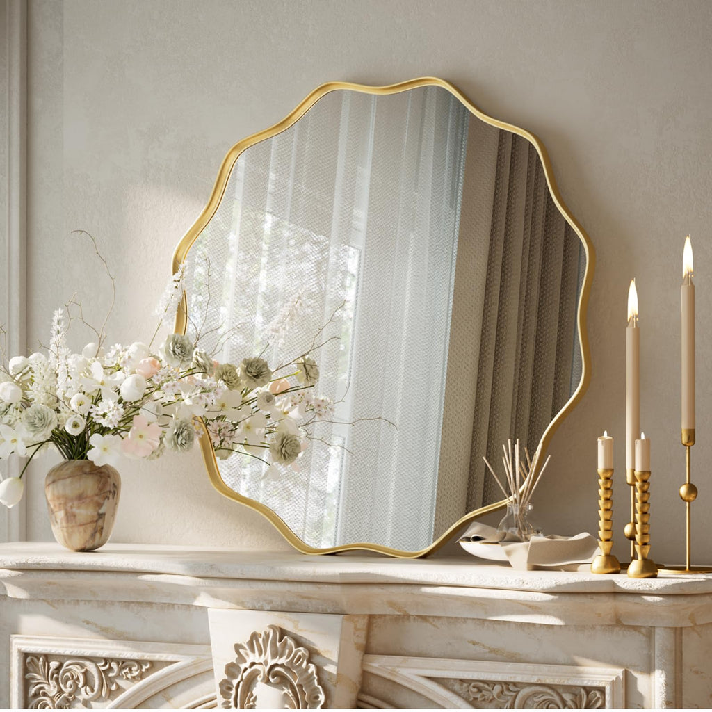 Gold Scalloped Circle Mirror, 20" Wavy Edge Round Wall Mirror