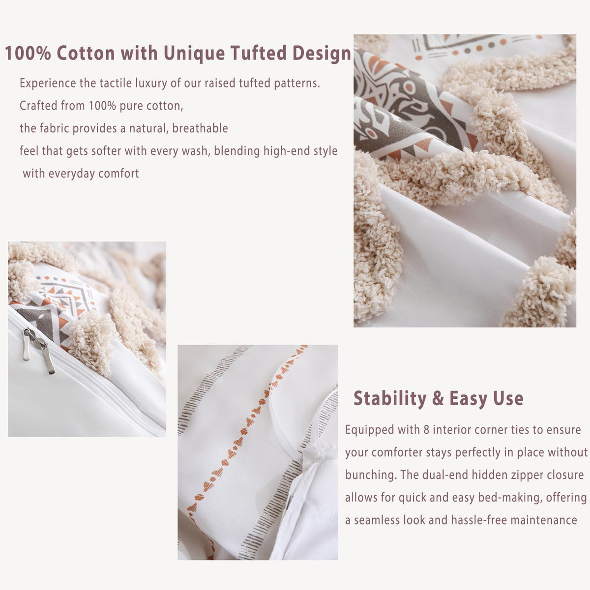Beige 100% Cotton Boho Duvet Cover Set Queen Size, 3-Piece Tufted Textured Modern Boho Moroccan Bedding, Aztec