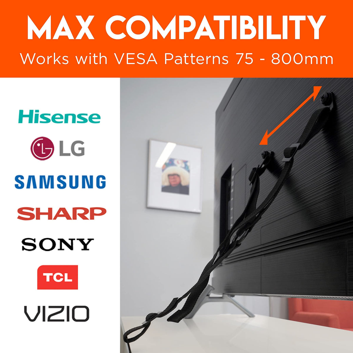 TV Safety Straps for Big TVs - Heavy-Duty Anti-Tip Anchors for TVs Up to 90" - Secure to Wall or Furniture