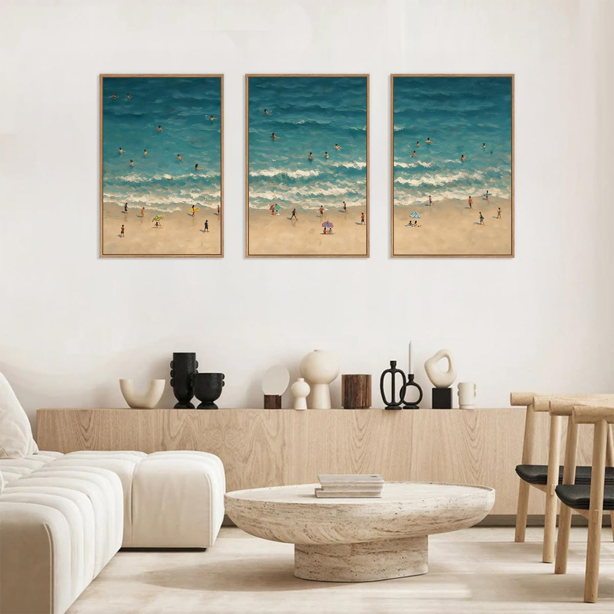 Summer Beach Canvas Wall Art, Modern Minimalist Coastal Landscape Wall Decor Set of 3(16"x24") Blue Abstract Ocean