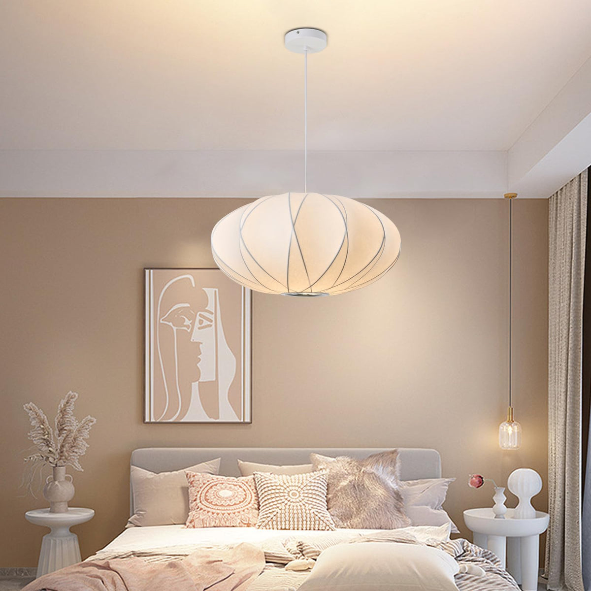 Inspired Nelson Style 19.7inch Silk Pendant Light, Italian Modern White Lantern Fabric Silk Ceiling Hanging Lamp Saucer Chandelier