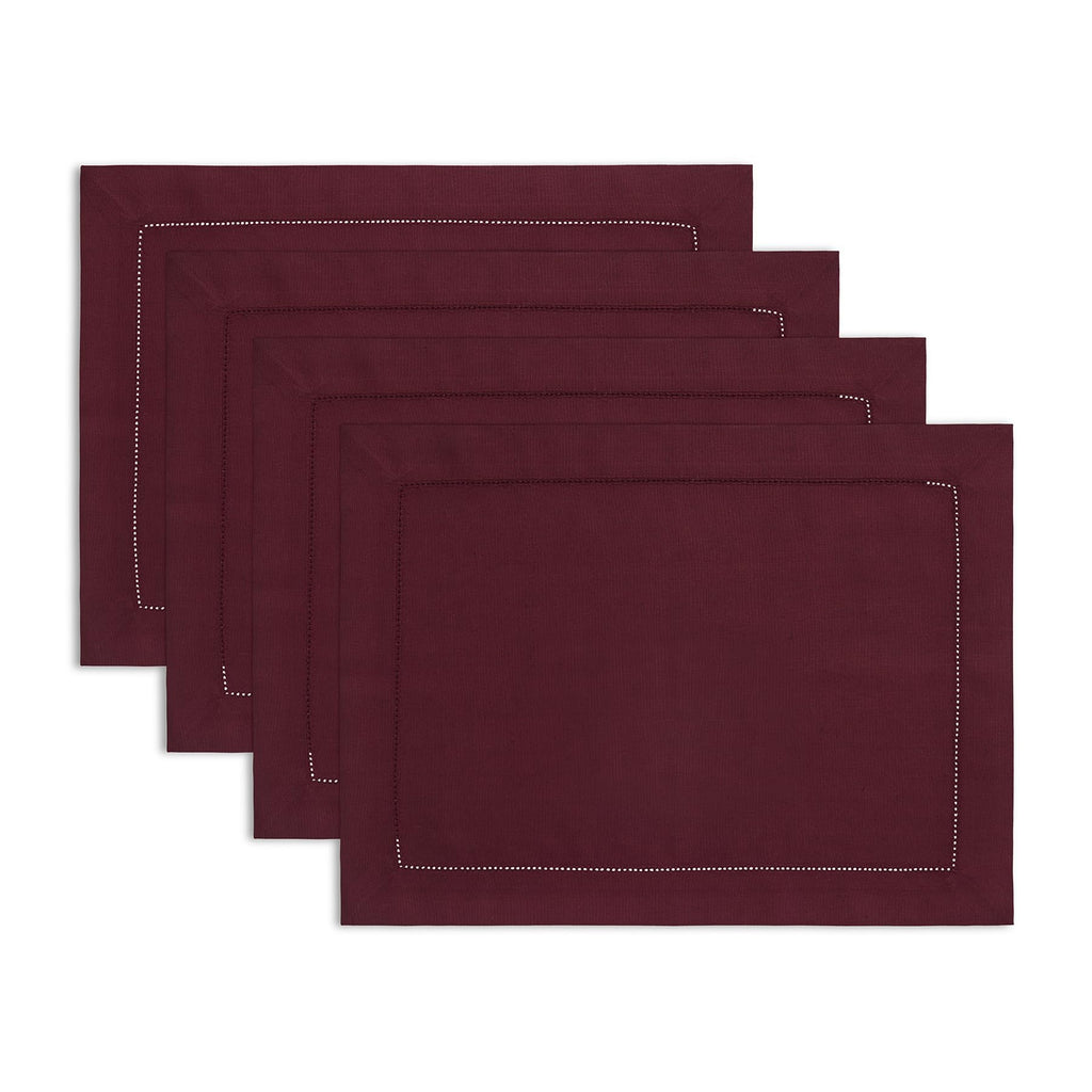 Cotton Linen Placemats Wine Hemstitch, 14 x 19 in, Set of 4