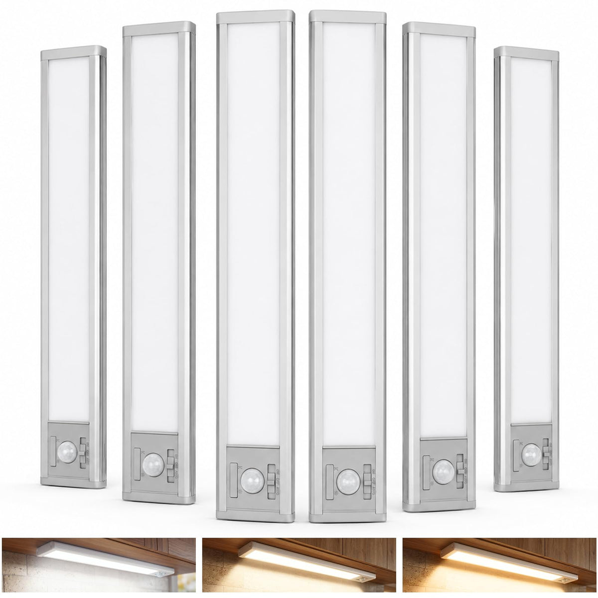 6Pack Aluminum Under Cabinet Lighting, 10inch Rechargeable Ultra-Thin Magnetic Motion Sensor Closet Lights, 3 Colors